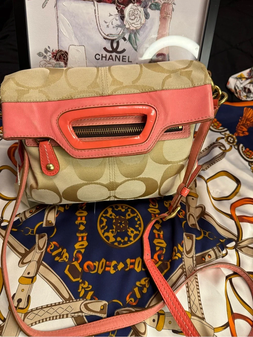 Coach Bonnie Signature Canvas Shoulder Bag Coral Pink Leather Trim